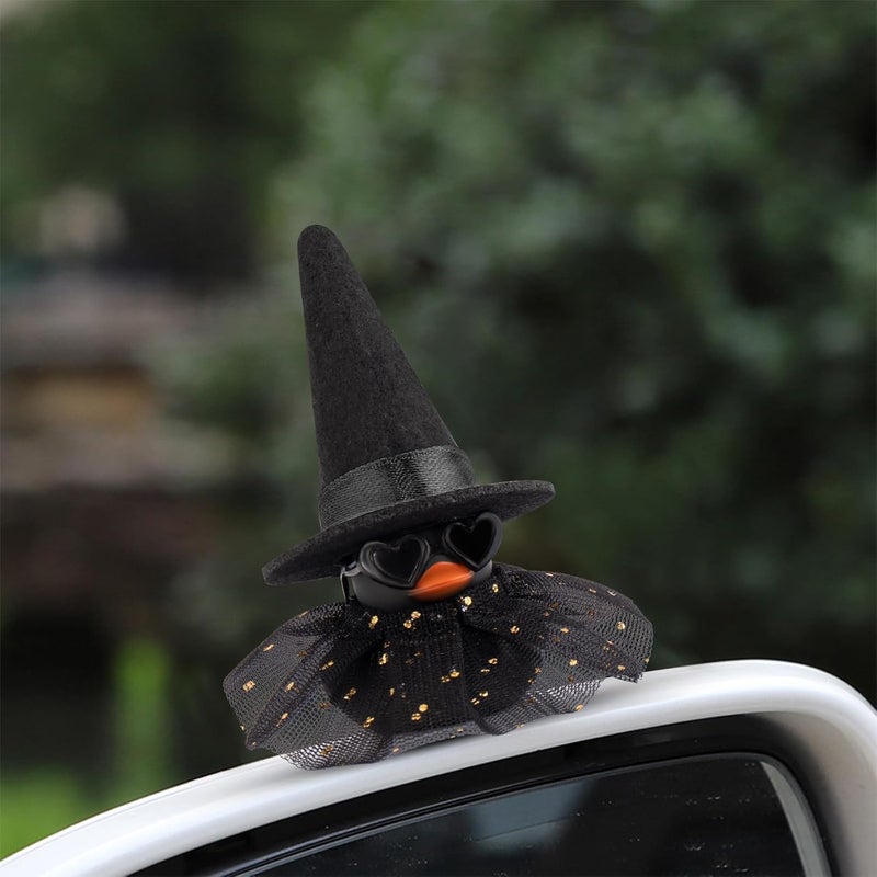 wonuu Car Dashboard Witch Black Rubber Ducks for Halloween, Decorations Duck for Office Desk Ornament Accessories with Hat Glasses Skirt, Black - Image 2